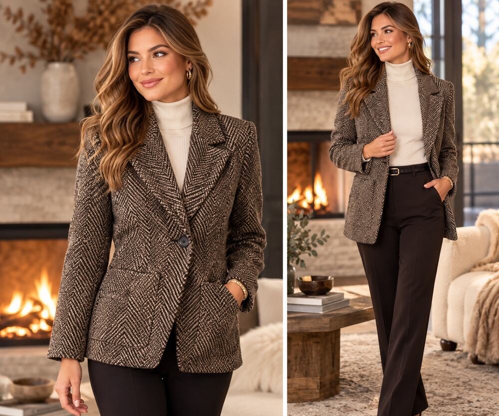NVLT Herringbone Wool Blend Blazer Jacket Brown Black Beige NWT XS